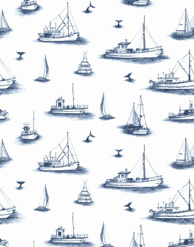 Ahoy! (Navy) wallpaper with navy blue ships and whale tales on a true white background