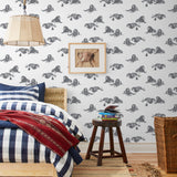 Mighty (Charcoal) wallpaper features gray lions and meerkats on a white background