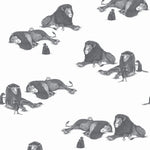 Mighty (Charcoal) wallpaper features gray lions and meerkats on a white background