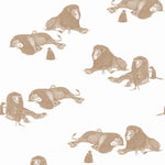 Mighty (Sand) wallpaper features brown lions and meerkats on a white background