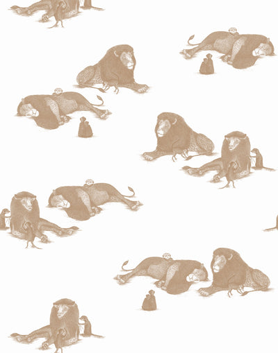 Mighty (Sand) wallpaper features brown lions and meerkats on a white background