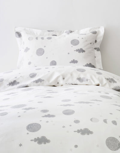 Orbit (Gray) Twin Duvet Set features gray moons, clouds and stars on a soft white background