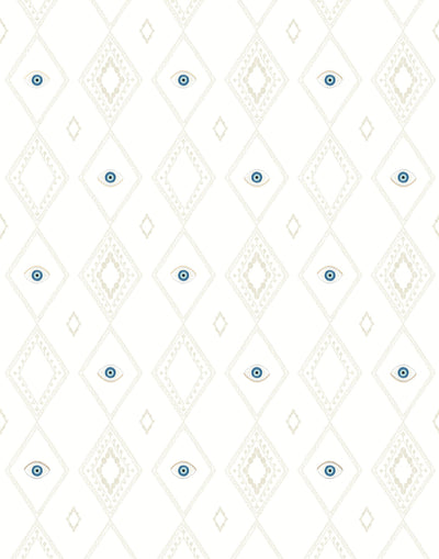 Evil Eye Blue Wallpaper features a delicate diamond pattern with evil eyes on a white background