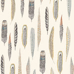 Plumes Natural Wallpaper features delicate feathers in orange, rust, blues and browns on a cream background