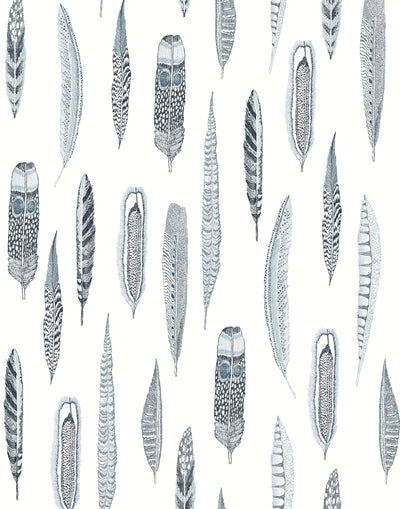 Plumes Cadet Wallpaper features delicate feathers in shades of blue on a white background