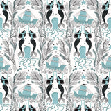Mermaids (Ocean) wallpaper | Mermaids, fish, octopi and ships float in this charming design | turquoise and black artwork on an off white ground