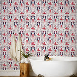 Mermaids (Red Coral) wallpaper | Mermaids, fish, octopi and ships float in this charming design | Coral Red and Navy artwork