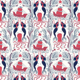 Mermaids (Red Coral) wallpaper | Mermaids, fish, octopi and ships float in this charming design | Coral Red and Navy artwork