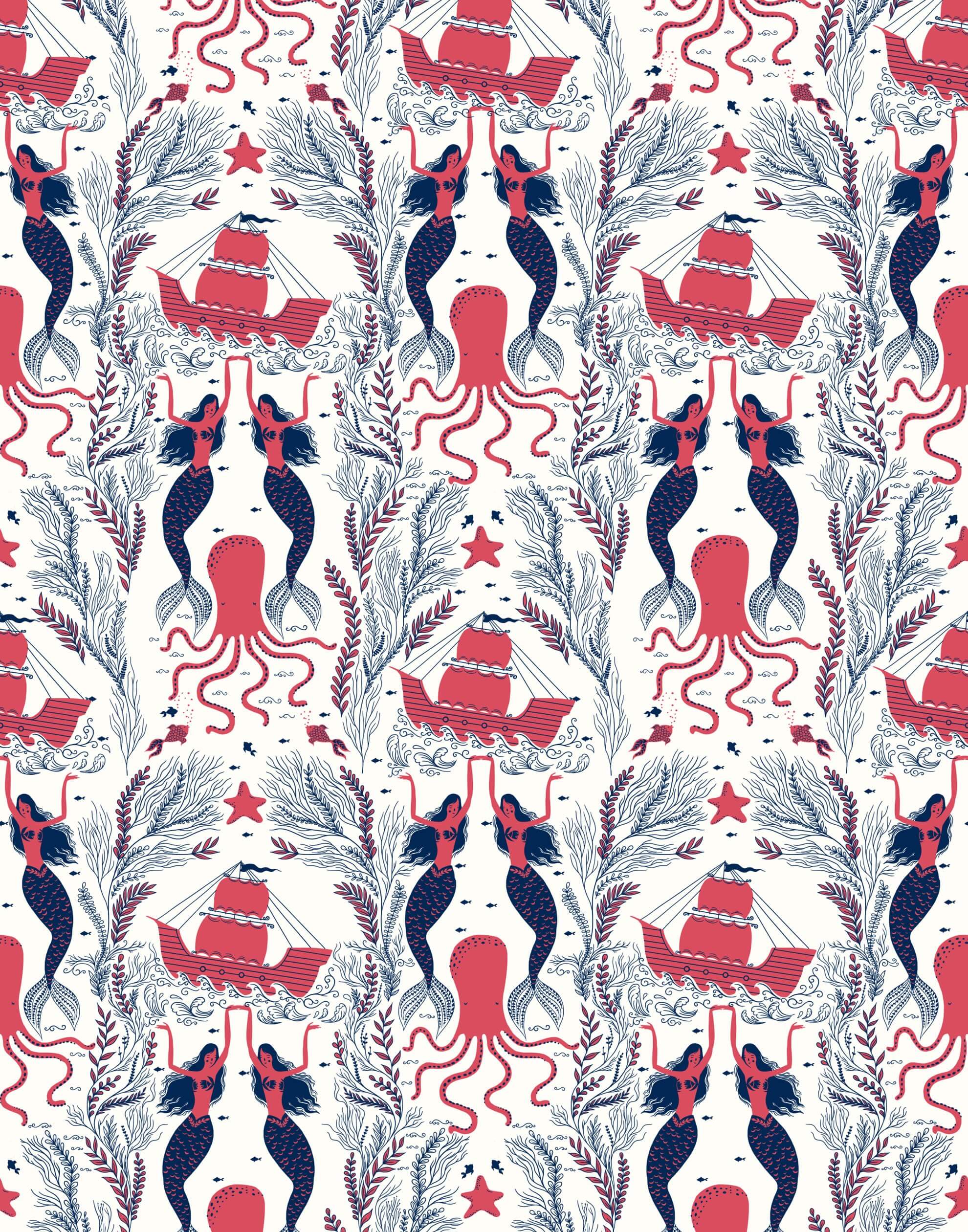 Mermaids (Red Coral) wallpaper | Mermaids, fish, octopi and ships float in this charming design | Coral Red and Navy artwork