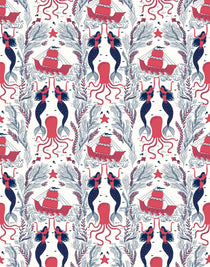 Mermaids (Red Coral) wallpaper | Mermaids, fish, octopi and ships float in this charming design | Coral Red and Navy artwork