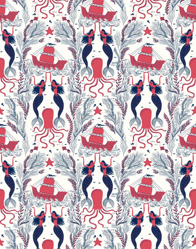 Mermaids (Red Coral) wallpaper | Mermaids, fish, octopi and ships float in this charming design | Coral Red and Navy artwork