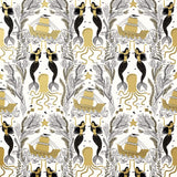 Mermaids (Gold) wallpaper | Mermaids, fish, octopi and ships float in this charming design | Gold and black artwork on an off white ground