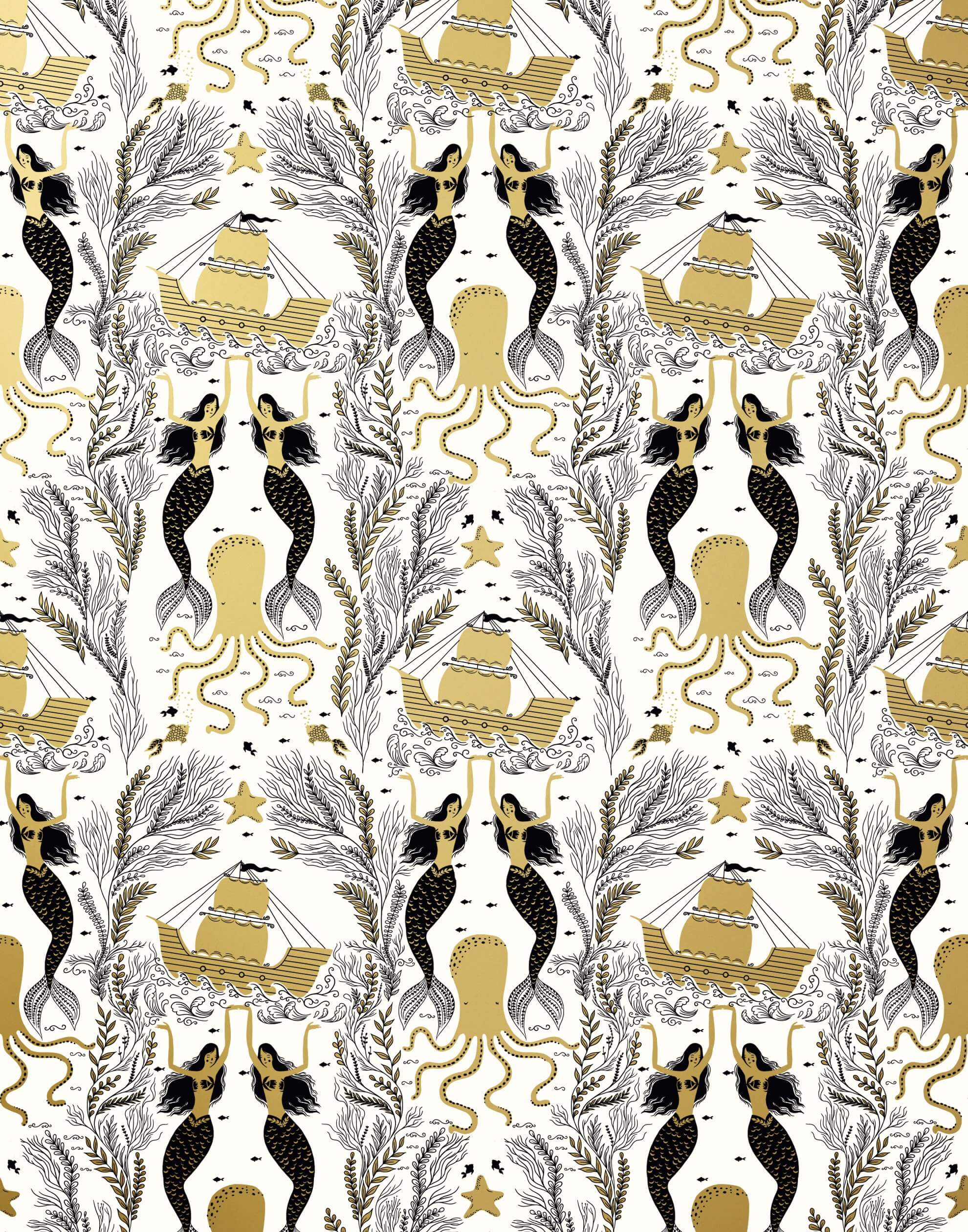 Mermaids (Gold) wallpaper | Mermaids, fish, octopi and ships float in this charming design | Gold and black artwork on an off white ground