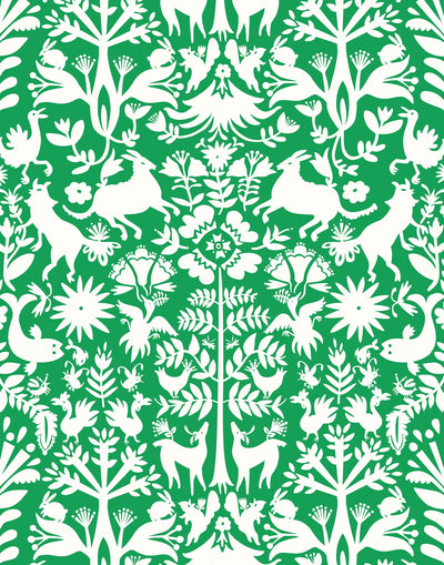 Folklore (Jade) features white animals and flowers in a mirroring pattern on a green backgroud designed by Emily Isabella for Hygge & West