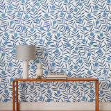Bloom (Bluebell) Wallpaper featuring dusty blue dots and deep blue stems on a white ground in a modern, graphic floral 