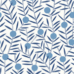Bloom (Bluebell) Wallpaper featuring dusty blue dots and deep blue stems on a white ground in a modern, graphic floral 