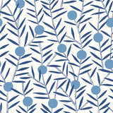 Bloom (Bluebell) Wallpaper featuring dusty blue dots and deep blue stems on a white ground in a modern, graphic floral 