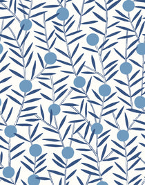 Bloom (Bluebell) Wallpaper featuring dusty blue dots and deep blue stems on a white ground in a modern, graphic floral 