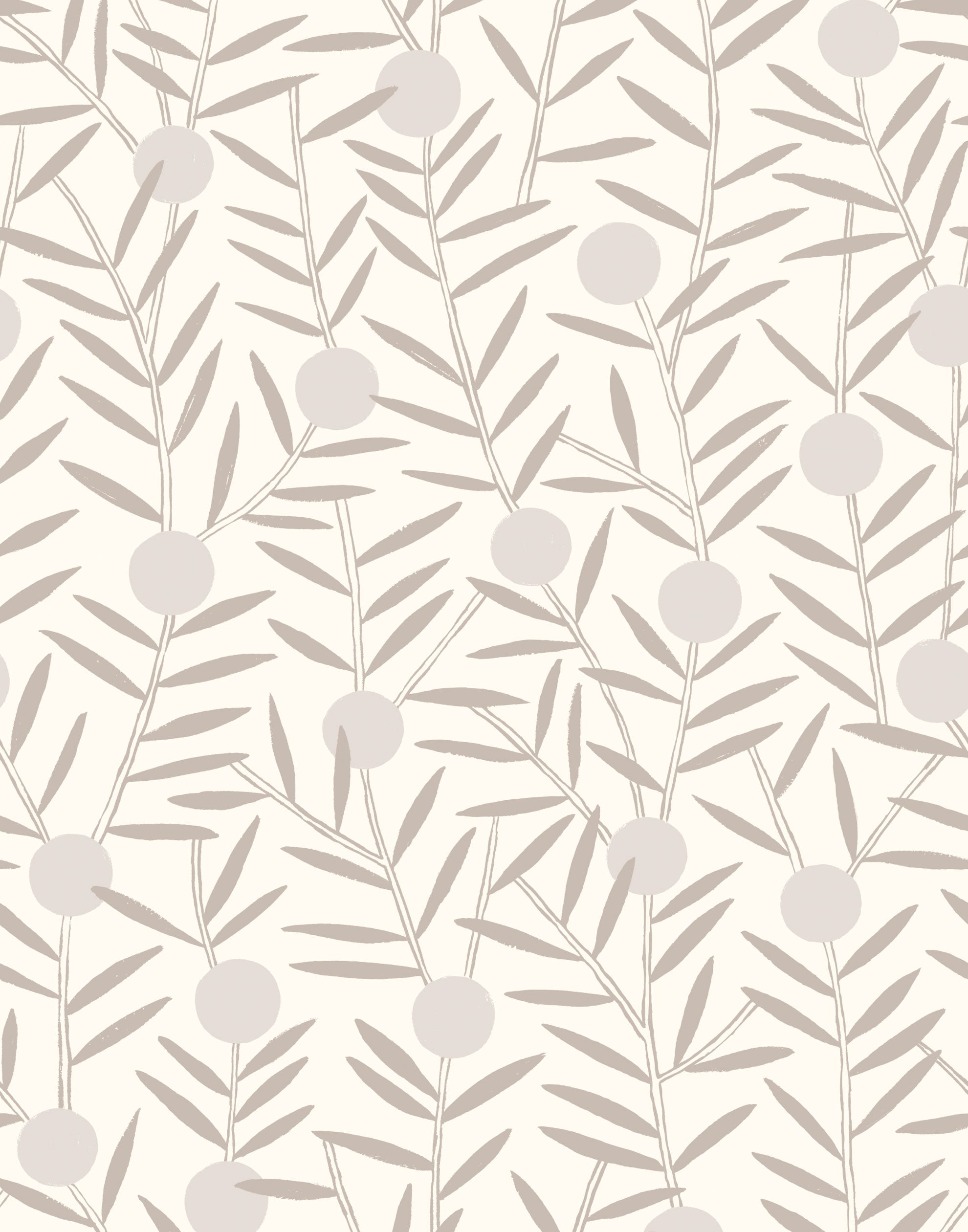 Bloom (Taupe) Wallpaper featuring light gray dots and taupe stems on an off white ground in a modern, graphic floral