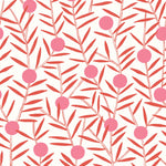 Bloom (Poppy) Wallpaper featuring pink dots and coral orange stems on a white ground in a modern, graphic floral 