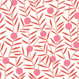 Bloom (Poppy) Wallpaper featuring pink dots and coral orange stems on a white ground in a modern, graphic floral 