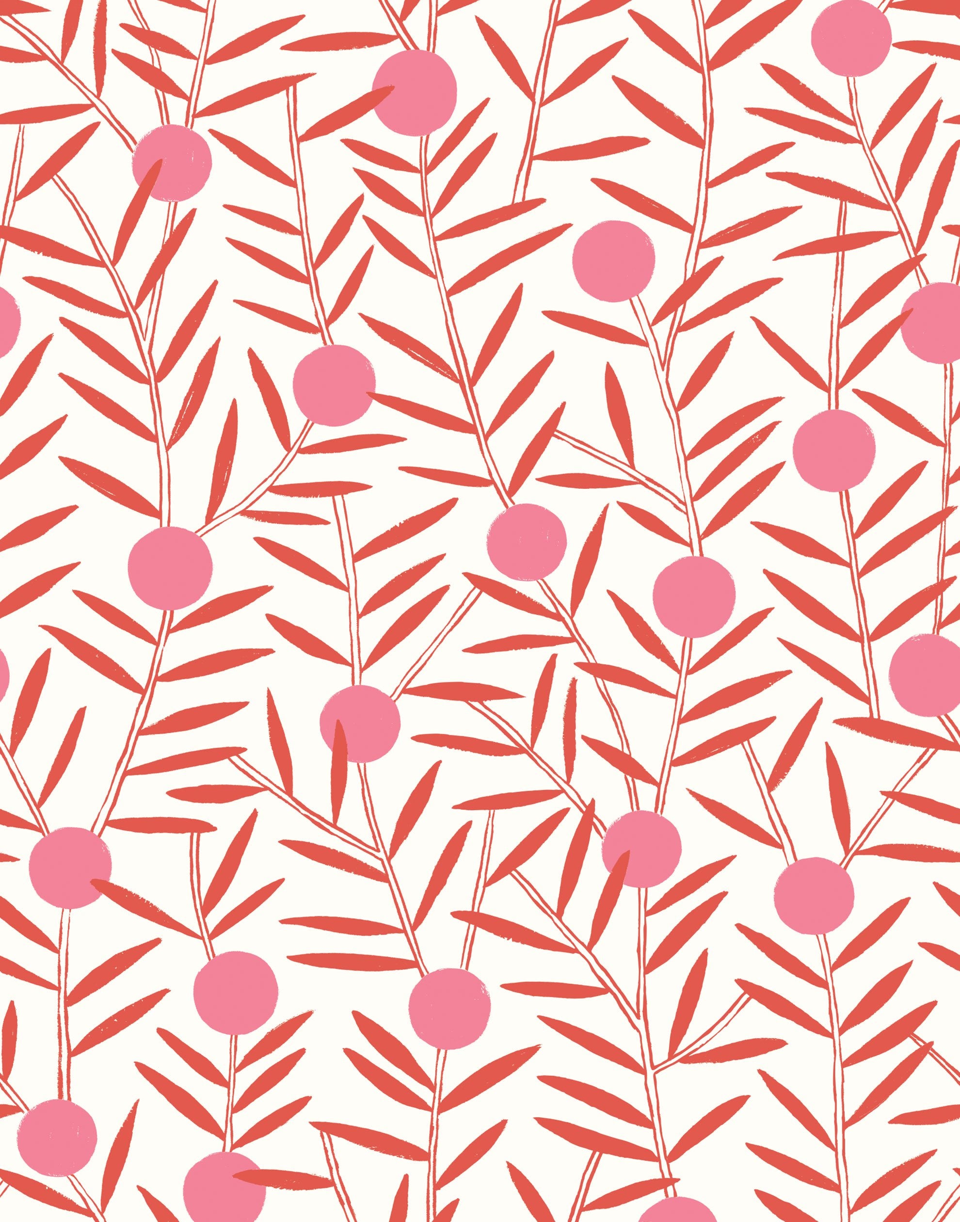 Bloom (Poppy) Wallpaper featuring pink dots and coral orange stems on a white ground in a modern, graphic floral 