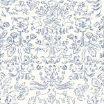 Storyline (Delft Blue) Wallpaper | Folk art inspired pattern featuring flora and fauna in a delft blue on a white ground