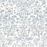 Storyline (Delft Blue) Wallpaper | Folk art inspired pattern featuring flora and fauna in a delft blue on a white ground