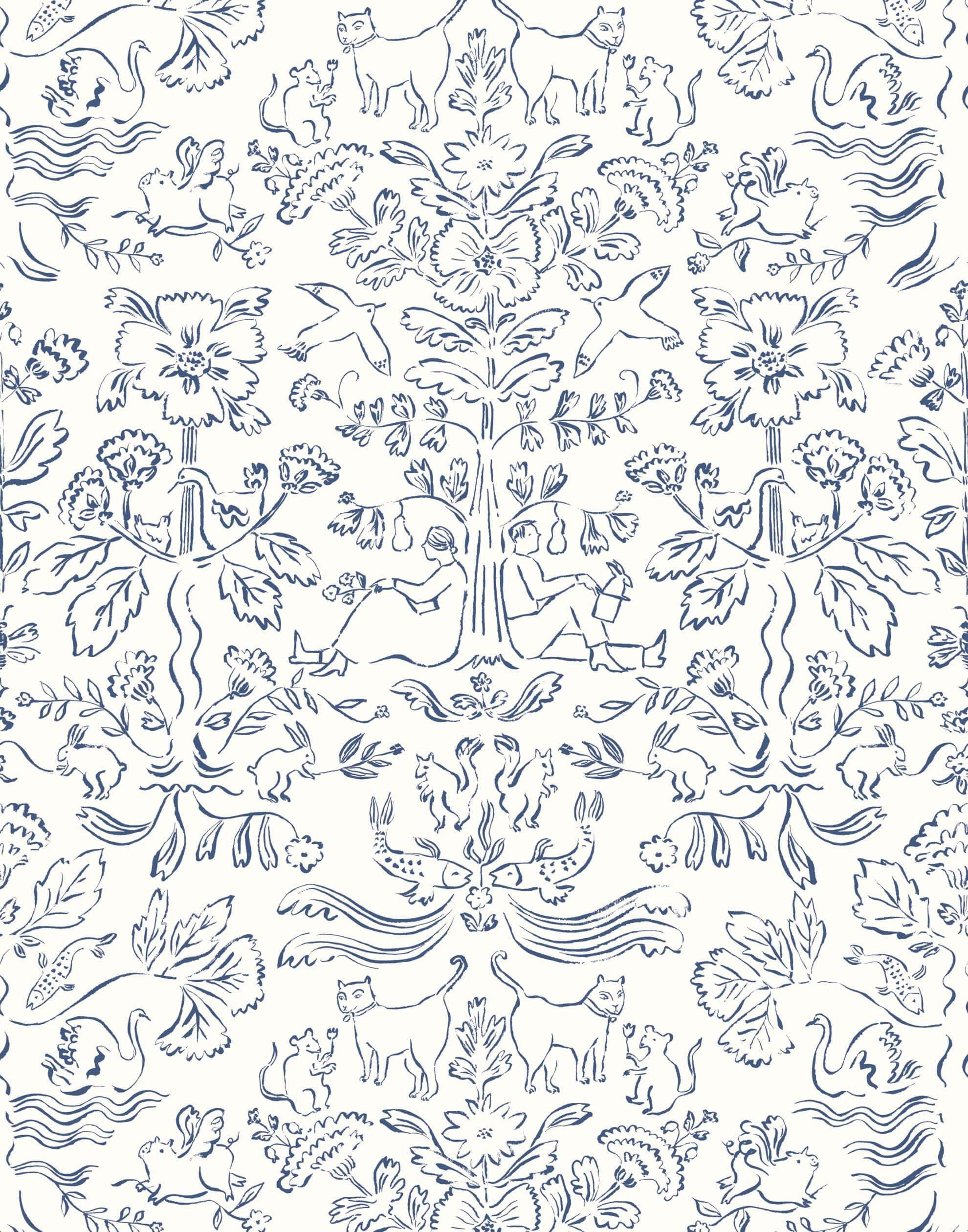 Storyline (Delft Blue) Wallpaper | Folk art inspired pattern featuring flora and fauna in a delft blue on a white ground