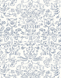 Storyline (Delft Blue) Wallpaper | Folk art inspired pattern featuring flora and fauna in a delft blue on a white ground