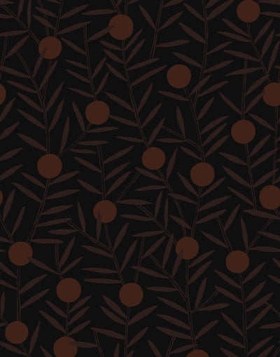 Bloom (Ebony) Wallpaper featuring brown dots and burnt sienna stems on a black ground in a modern, graphic floral 