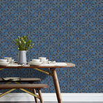 Arcade (Navy) wallpaper features modern, geometric lines and shapes in shades of blue