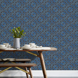 Arcade (Navy) wallpaper features modern, geometric lines and shapes in shades of blue