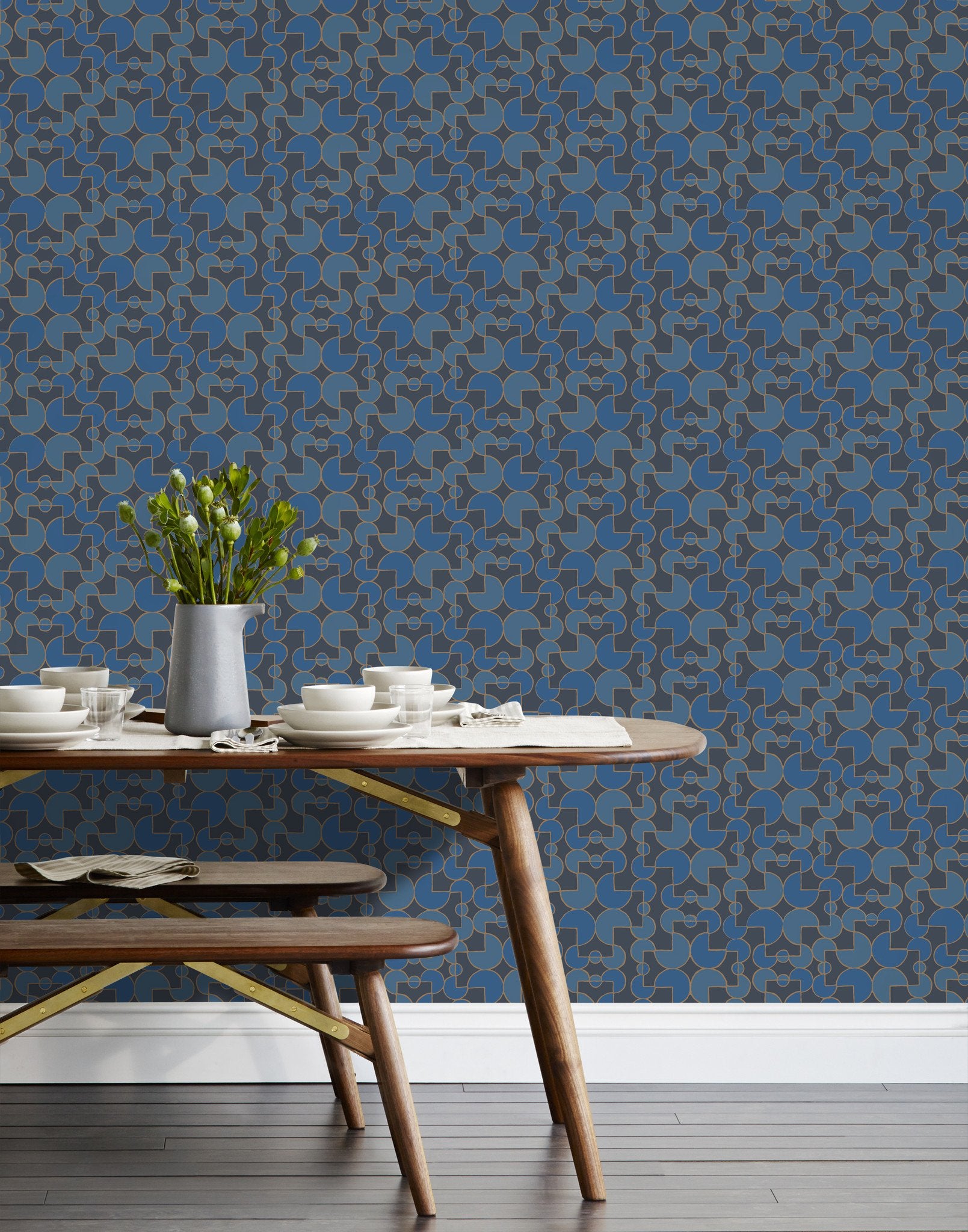 Arcade (Navy) wallpaper features modern, geometric lines and shapes in shades of blue