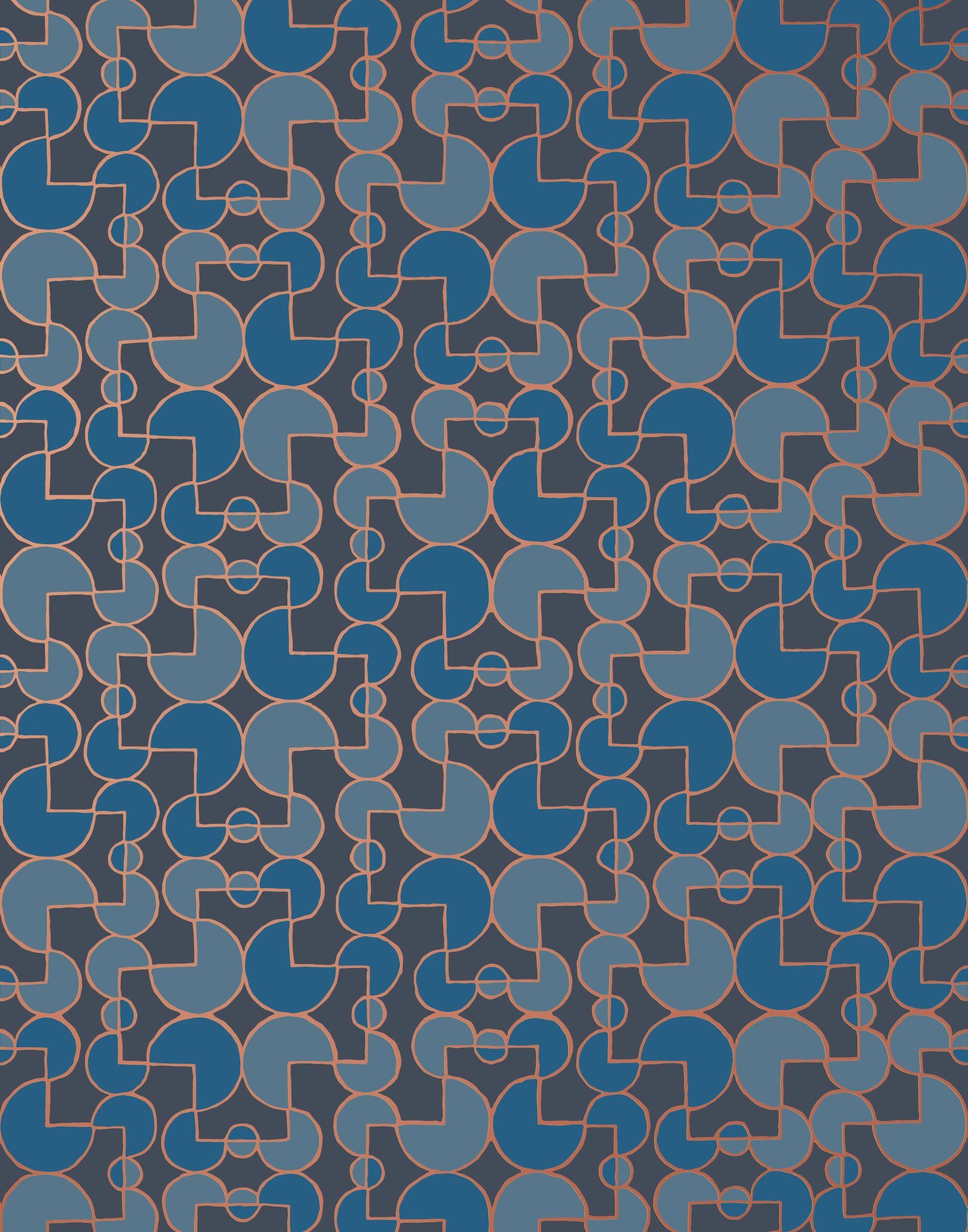 Arcade (Navy) wallpaper features modern, geometric lines and shapes in shades of blue