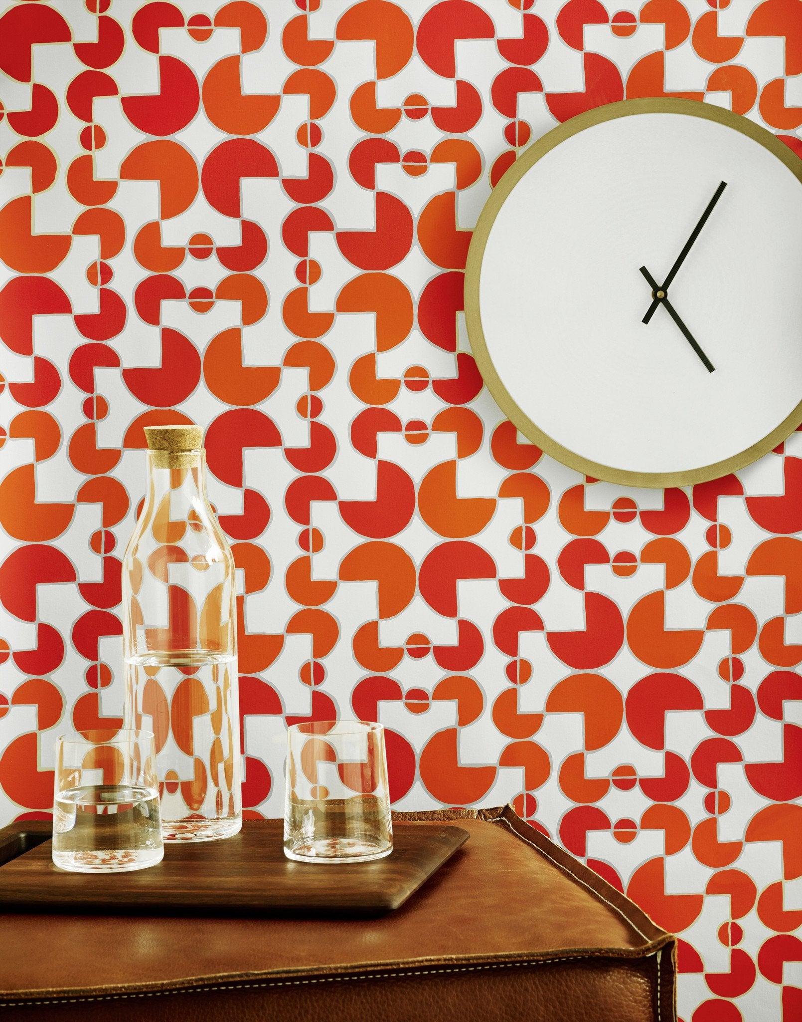Arcade (Cayenne) wallpaper features modern, geometric lines and shapes in shades of orange