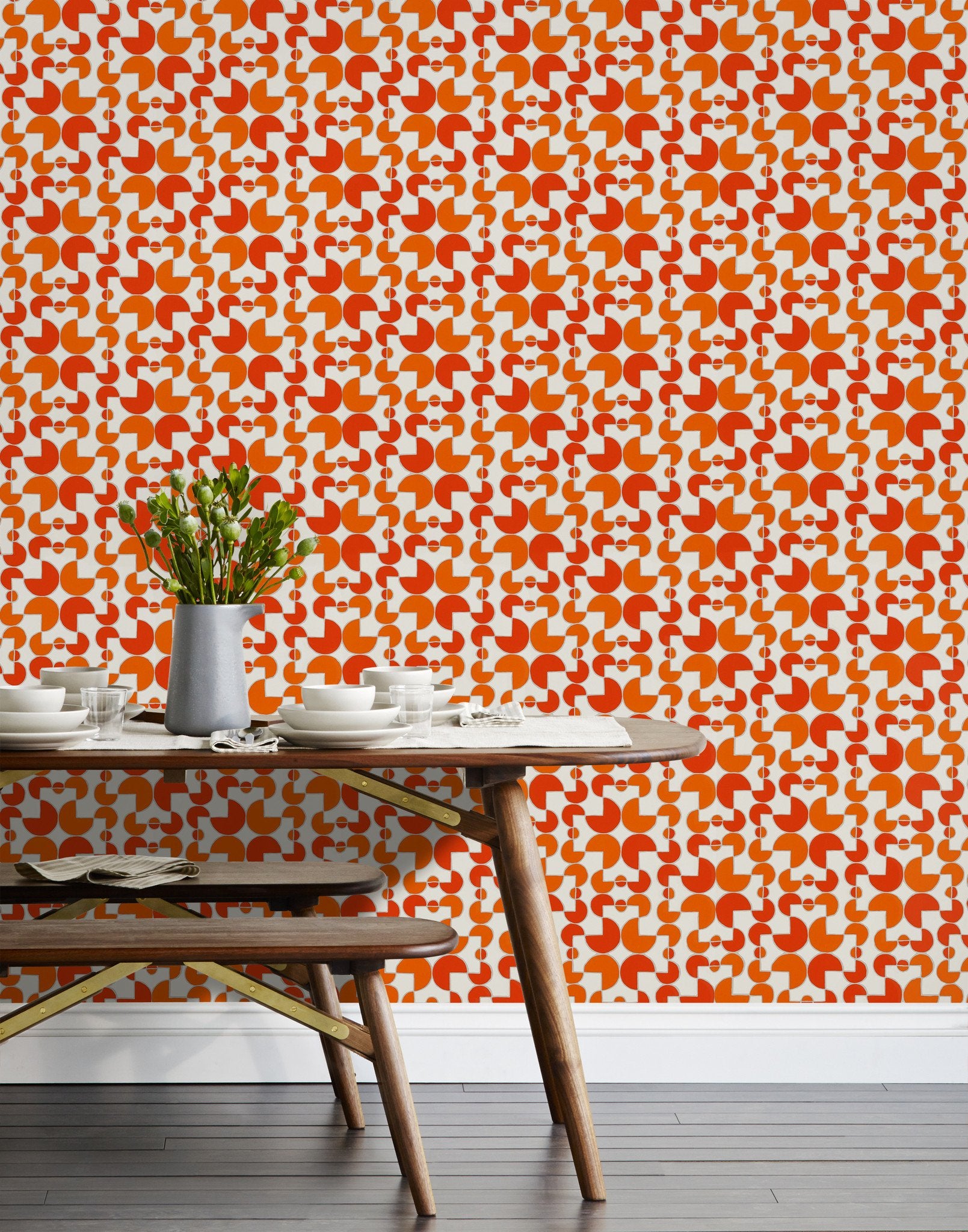 Arcade (Cayenne) wallpaper features modern, geometric lines and shapes in shades of orange