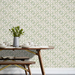 Arcade (Celadon) wallpaper features modern, geometric lines and shapes in shades of green