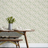 Arcade (Celadon) wallpaper features modern, geometric lines and shapes in shades of green
