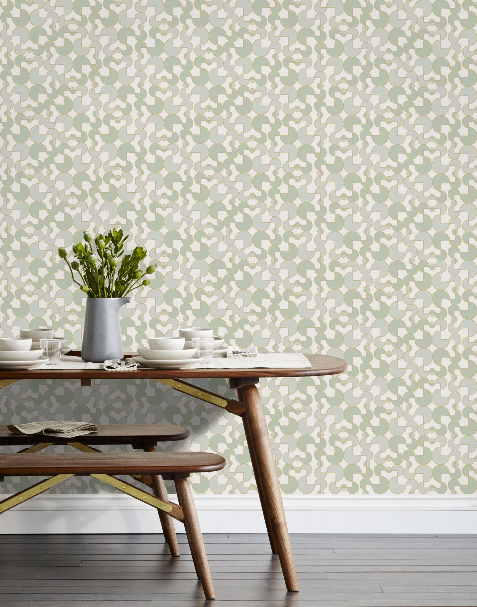 Arcade (Celadon) wallpaper features modern, geometric lines and shapes in shades of green