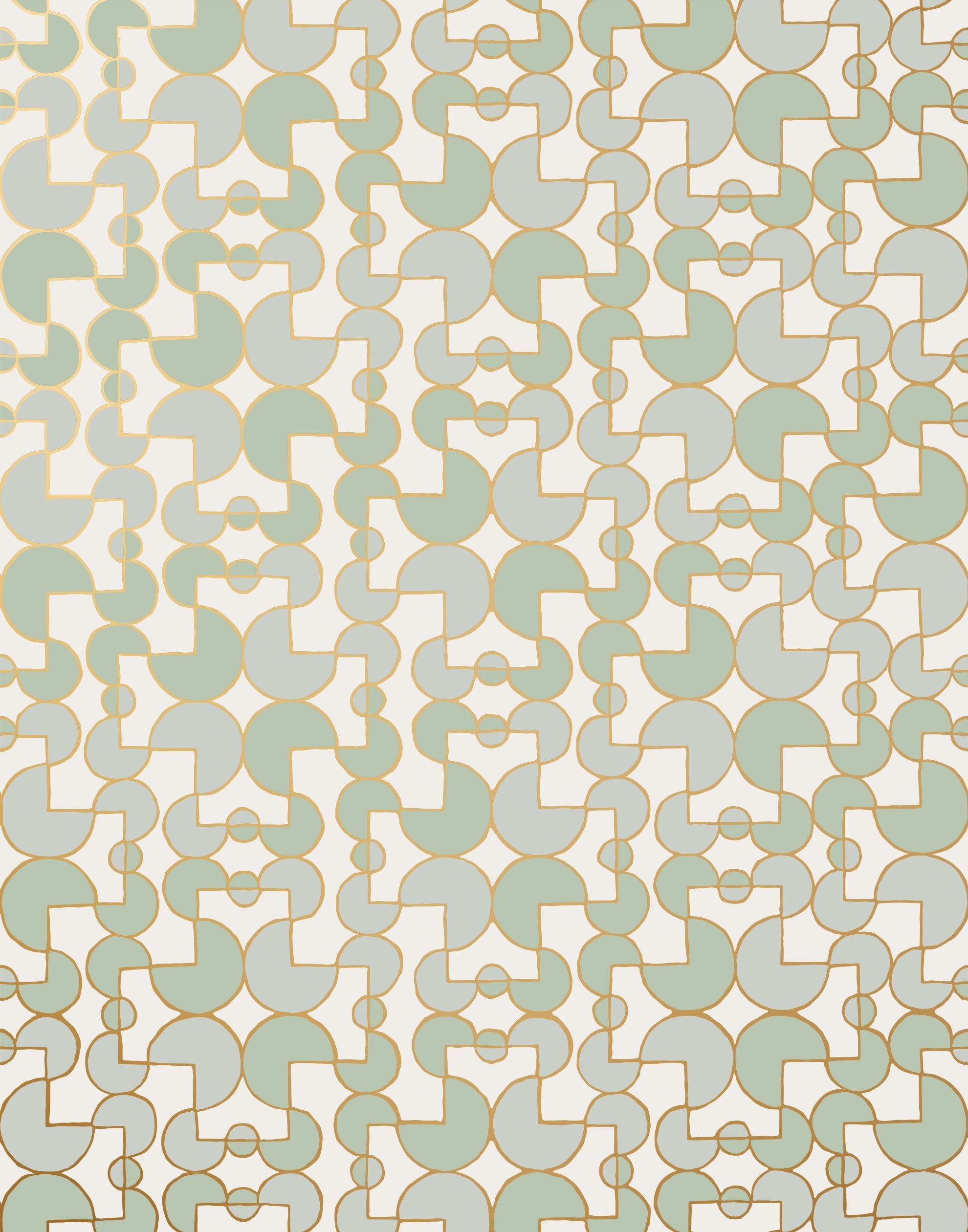 Arcade (Celadon) wallpaper features modern, geometric lines and shapes in shades of green