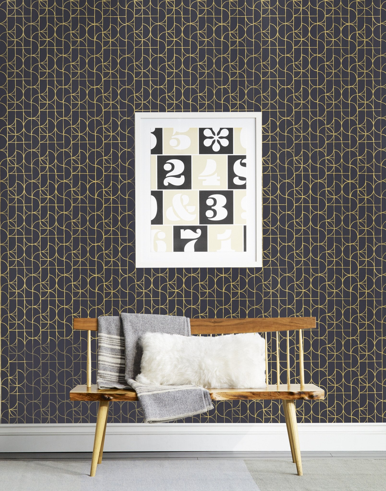 Slice (Gray) features modern, geometric lines in metallic gold on gray