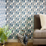 Slice (Blue) features modern, geometric lines and shapes in shades of blue