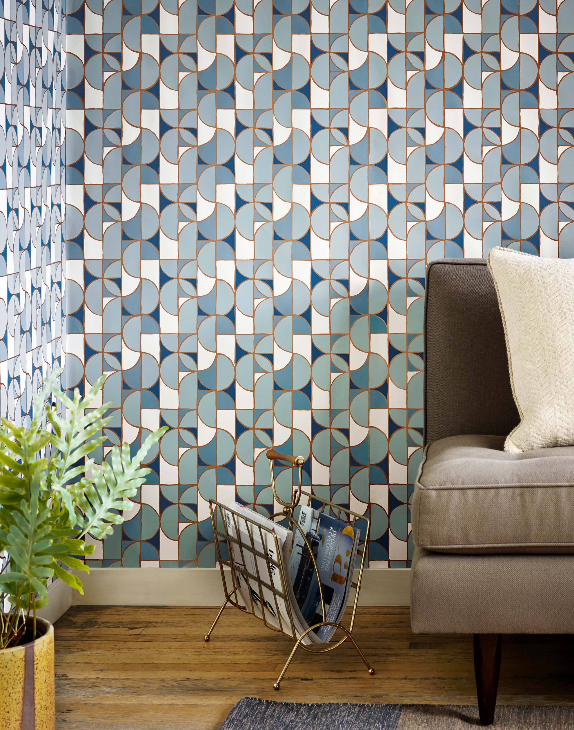 Slice (Blue) features modern, geometric lines and shapes in shades of blue