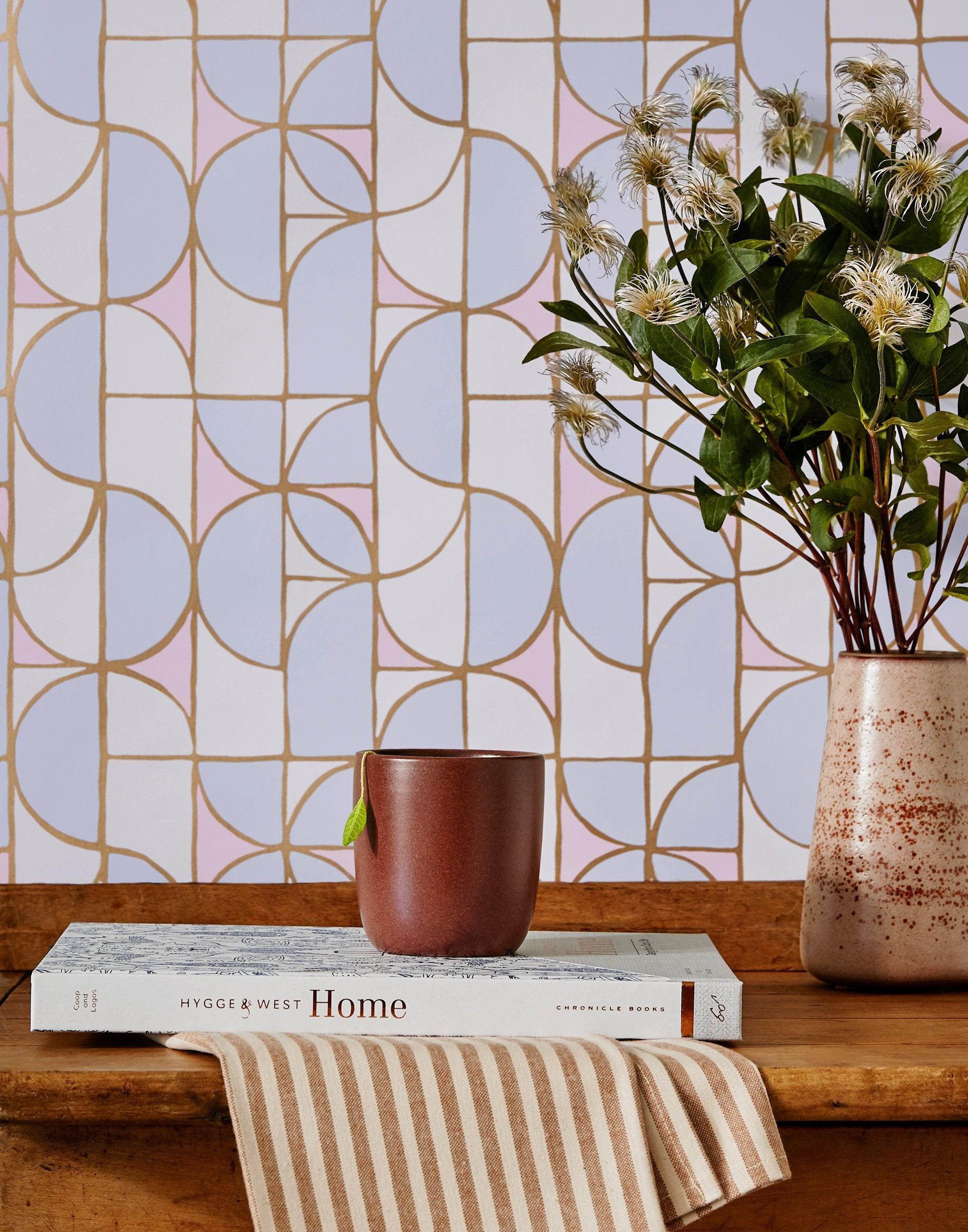 Slice (Mist) features modern, geometric lines and shapes in blue, pink and gray
