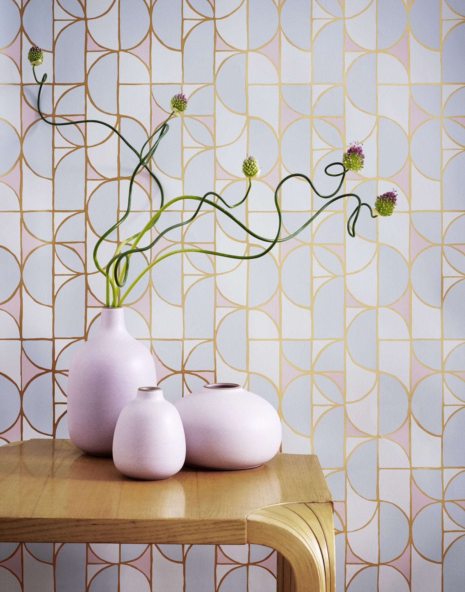Slice (Mist) features modern, geometric lines and shapes in blue, pink and gray