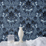 Piedmont (Indigo) wallpaper with dusty blue foxes and rabbits