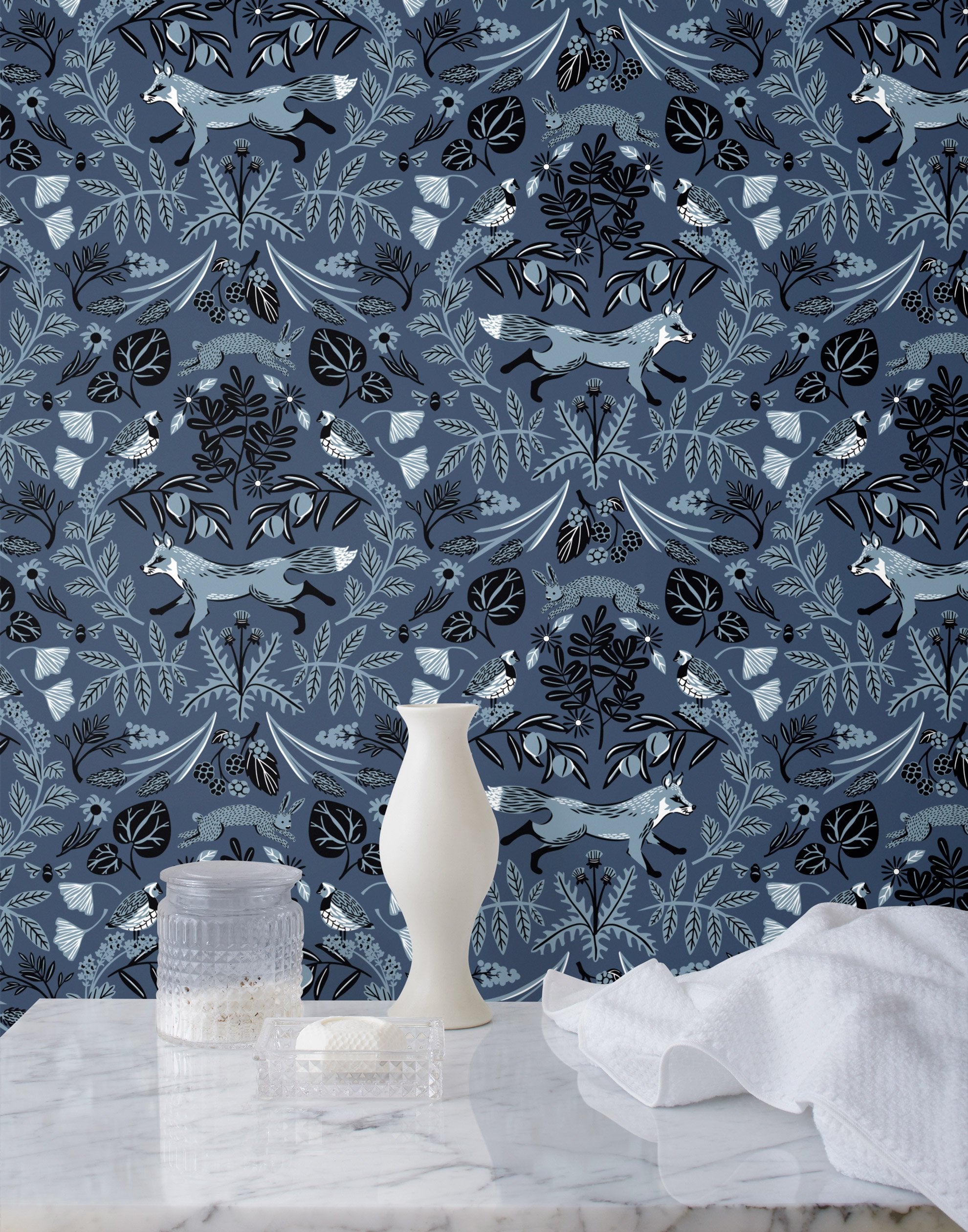 Piedmont (Indigo) wallpaper with dusty blue foxes and rabbits