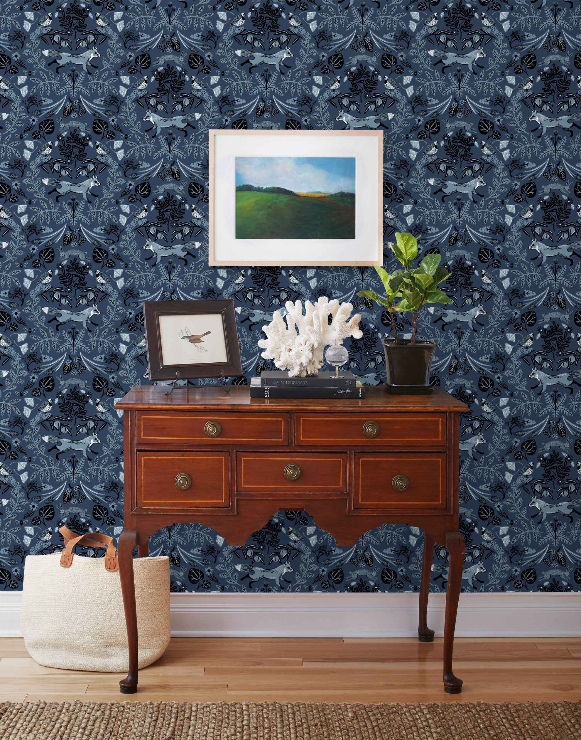 Piedmont (Indigo) wallpaper with dusty blue foxes and rabbits