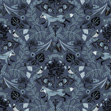 Piedmont (Indigo) wallpaper with dusty blue foxes and rabbits